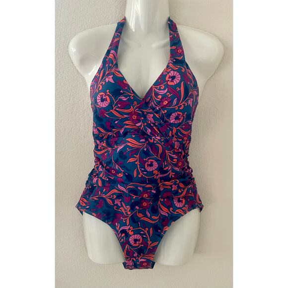 Boden | Swim NWT Levanoz Ruched One Piece Halter Purple and Pink Floral Size 6 - Picture 3 of 7